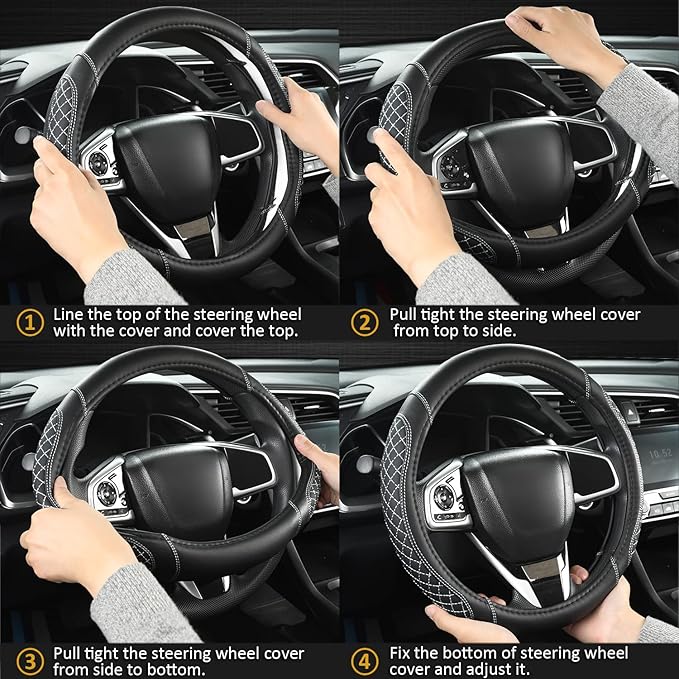West Llama Customized Auto Car Steering Wheel Cover for Toyota Rav4 Corolla Camry Highlander (Diamond Quilted-Black+Gray-Standard Size)