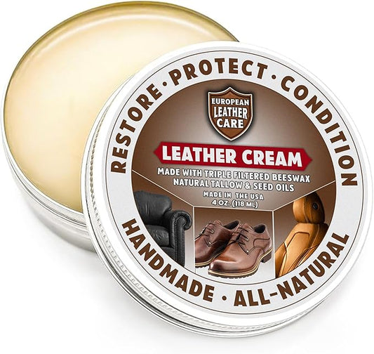 European Leather Care 4 oz Cream Leather Cleaner and Conditioner All Natural Leather Boots Leather Maintenance Cream Leather Conditioner Shoe Polish, Leather Couch, Furniture, Purses, Car, Saddle USA