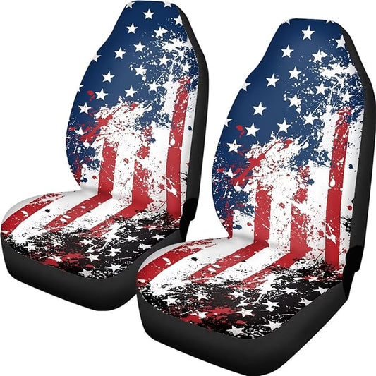 Car Seat Covers Set Front Seats Only 2 Pack Universal Fit Most Truck SUV Vans Auto Accessories Interior Cushion Protector（Creative American Flag Print 2）