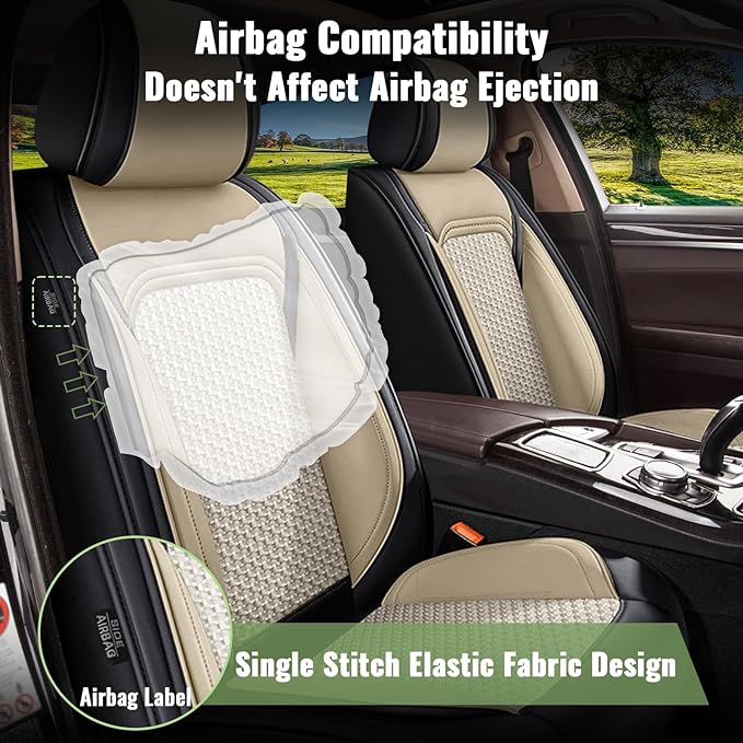 Fit for Nissan Pathfinder Seat Covers 2011-2025 2026 Full Set Car Seat Covers - Cooling Ice Silk Leather Seat Cover - Ventilated 5 Seats for Nissan Pathfinder Accessories (Black&Beige)