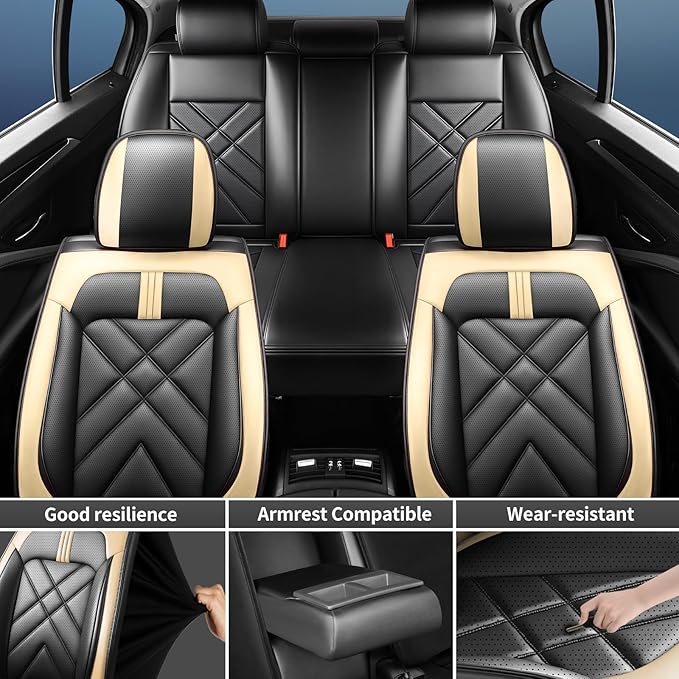 Car Seat Covers Compatible with Mazda 6 2007-2021, Full Coverage Premium Leather Waterproof Breathable Seat Covers, Automotive Seat Protectors, Airbag Compatible(Full Set Seats, Black Beige)