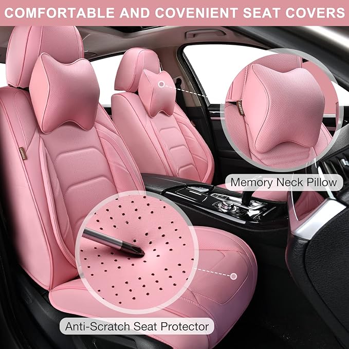 Pink Car Seat Covers Front Pair, Breathable Leather Automotive Front Seat Covers & Headrest for Comfortable Driving, Universal Auto Interior Fit for Most Kinds of Vehicles