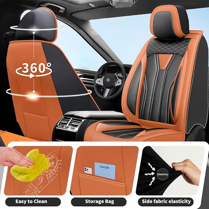 Fit Prius Car Seat Covers for Toyota Prius 2001-2025 2026 -Full Set Premium Leather, Waterproof, Breathable，All-Weather Seat Cushion Protecto & Airbag Compatible, 5-Seats Orange & Black