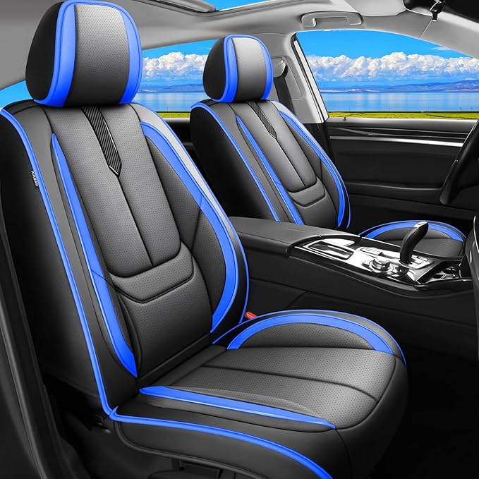 Fit Equus Car Seat Covers for Hyundai Equus 2011-2014 2015 - Upgraded Premium Waterproof & Breathable Leather,Airbag Compatible,All-Weather Seat Cushion Protector,Full Set,Black-Blue