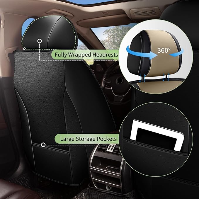 Car Seat Covers for Honda Accord 2003-2017, Breathable Cooling Ice Silk Leather, 2 Front Seats Vehicle Protector Cushion Auto Accessories (Black&Beige)