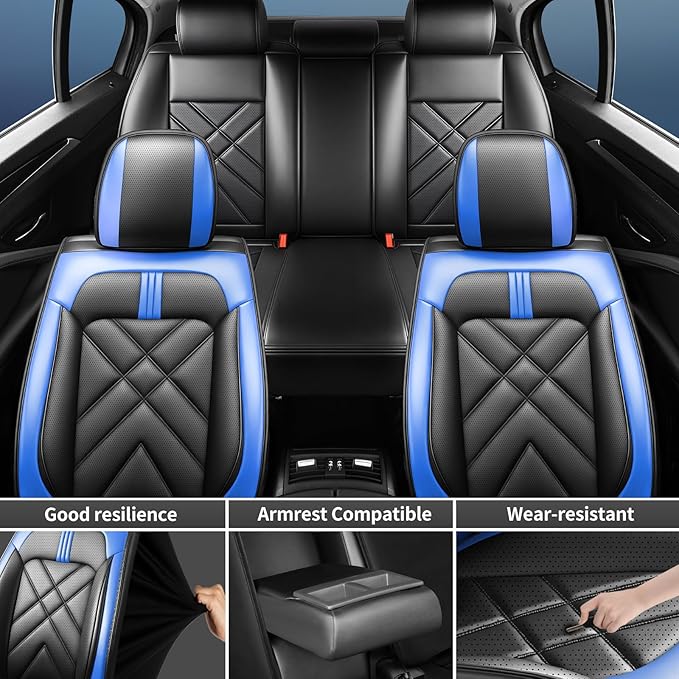 CX-70 Car Seat Covers Fit for Mazda CX-70 2025-2026, Full Coverage Premium Leather Waterproof Breathable Seat Covers, Automotive Seat Protectors, Airbag Compatible(Full Set Seats, Black-Blue)