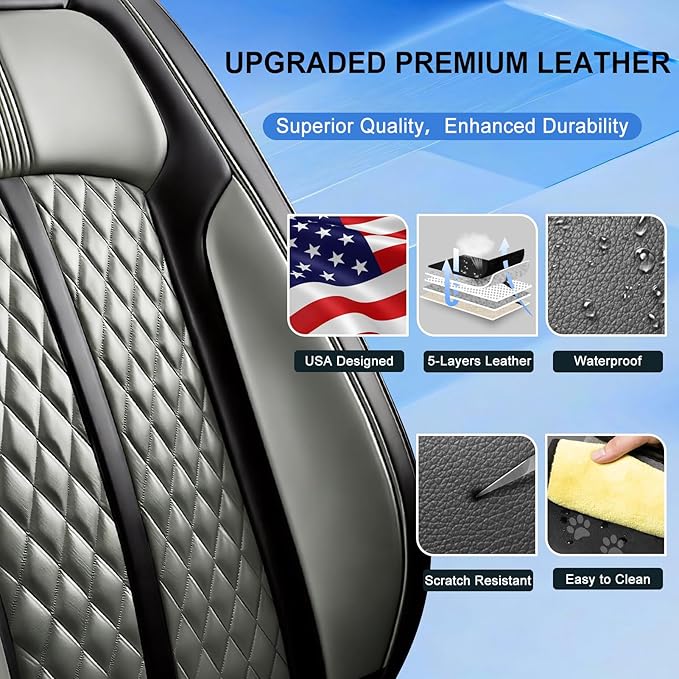 Fit Civic Car Seat Covers for Honda Civic 2020-2026 Sedan(Not for Coupe) - Premium Full Coverage Leather, Waterproof All Weather Breathable Seat Cushion Protector, Full Set, Black+Gray