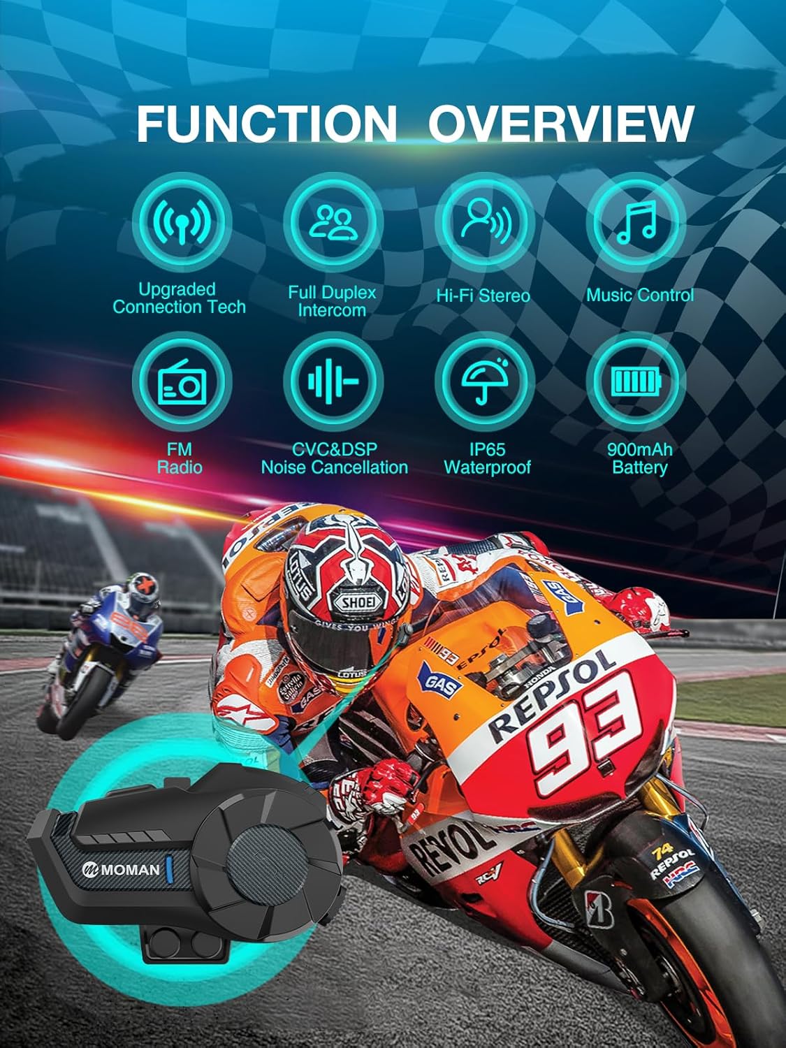 Moman Motorcycle Intercom, H2 Pro【2 Pack Carbon Fiber】 Motorbike Helmet Communication System up to 1000M with DSP&CVC Noise Cancellation FM Music Share, Motorcycle-Intercom-Headset-Helmet-Motorbike