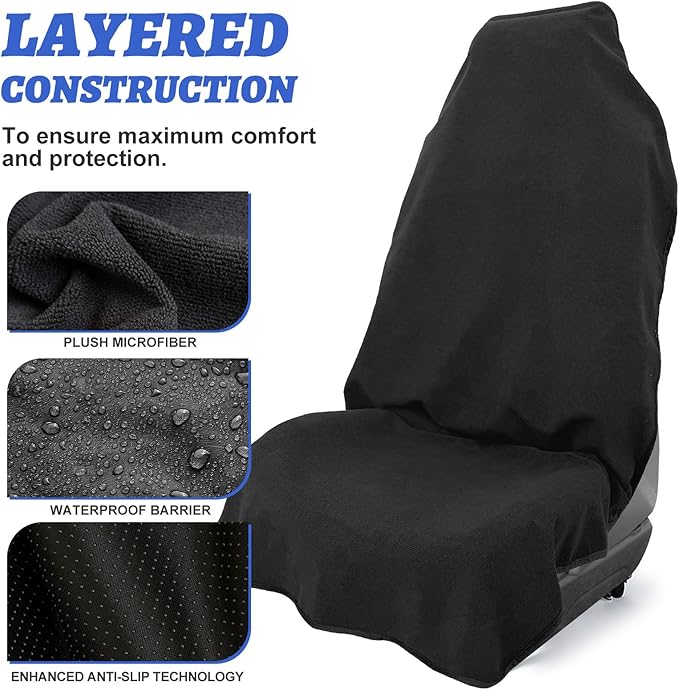 Car Front Seat Cover: Waterproof & sweatproof, fits all cars/SUVs/trucks. Ideal for gym, sports & beach. 3-layer non-slip, easy machine wash. Shields seats from stains & wetness. (Black, 2Pcs)