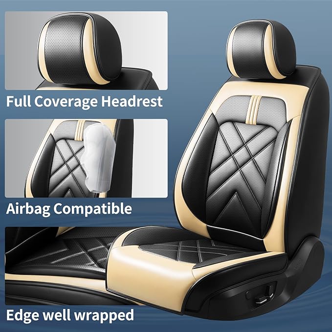 Car Seat Covers Fit for Mazda 3 2007-2026, Premium Leather, Full Coverage Leather Waterproof Breathable Seat Covers, Automotive Seat Protectors, Airbag Compatible(2 Front Seats, Black Beige)