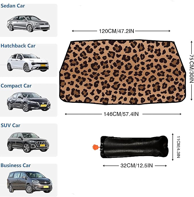 Socira Leopard Print Car Windshield Sunshade Umbrella, 57" x 30", Blocks UV Rays, Keeps Car Cool, Foldable, Compatible with Most Cars, Trucks, SUVs