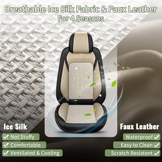 Car Seat Covers Front Seats for Toyota 4Runner 2003-2025 2026, Breathable Cooling Ice Silk Leather Car Seat Covers, 2 Seats for Toyota 4 Runner Accessories (Black&Beige)