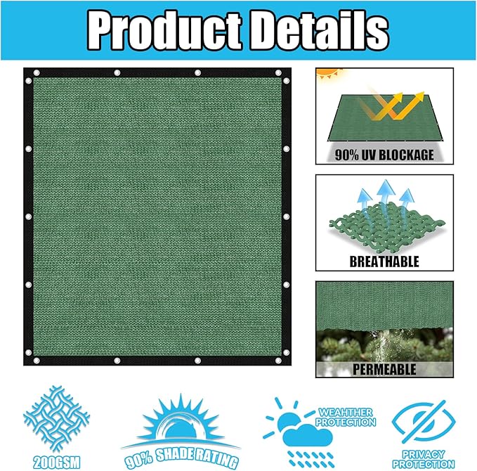 Amagenix 90% Pergola Shade Cover 8' X 24' Sun Shade Cloth with Grommets for Outdoor Garden Patio Porch, Commercial Grade 200 GSM - Cable Zip Ties Included (We Customized) GN108, Green
