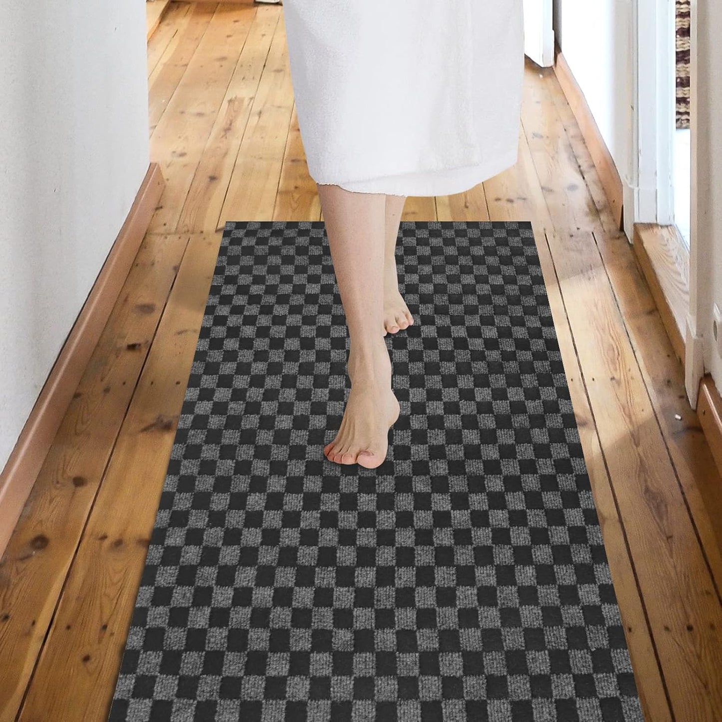 Custom Size Backed Non-Slip Area Rugs Runner, Easy Clean, Waterproof Runner Rugs for Hallway Entryway, Kitchen, Laundry, 2FT x 23FT, Gray Checkered