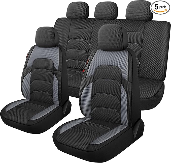CAROMOP 3D Air Mesh Car Seat Covers Full Set,Breathable and Durable Seat Covers for Cars,Split Bench Compatible,Universal Fit for SUV,Vans,sedans, Trucks, Automotive Interior Covers(5-Seat Black/Grey)