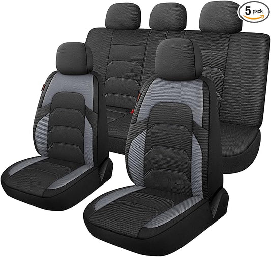 CAROMOP 3D Air Mesh Car Seat Covers Full Set,Breathable and Durable Seat Covers for Cars,Split Bench Compatible,Universal Fit for SUV,Vans,sedans, Trucks, Automotive Interior Covers(5-Seat Black/Grey)