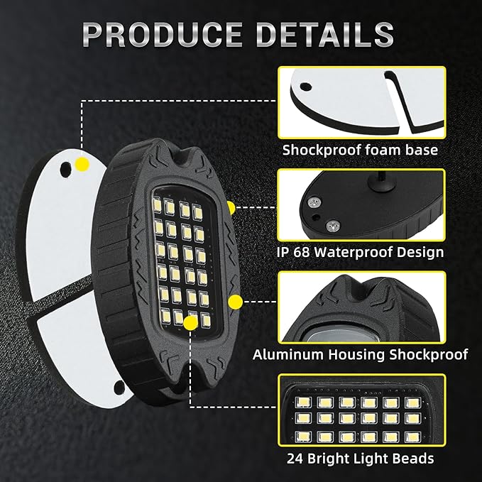20 Pods Alloy Pure White LED Rock Lights with Extension Wires, IP68 Waterproof Shockproof 24LEDs 6500K Super Bright White Neon Underglow Kit for Semi Trucks Trailer Offroad Pickup Boats Sedans RV