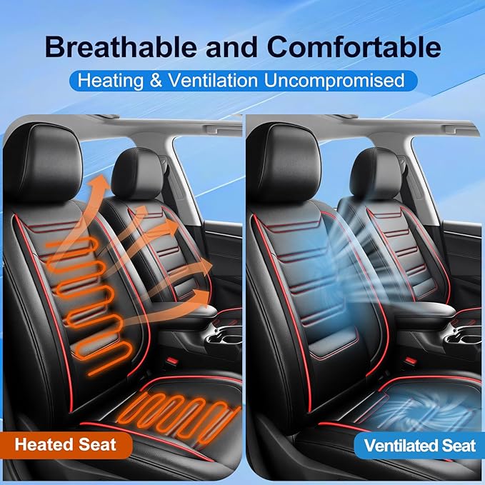 Fit Colorado Car Seat Covers for Select Chevy/Chevrolet Colorado 2015-2026 - Premium Full Coverage Leather, Waterproof & All Weather Seat Cushion Protector, Full Set, Black with Red Trim