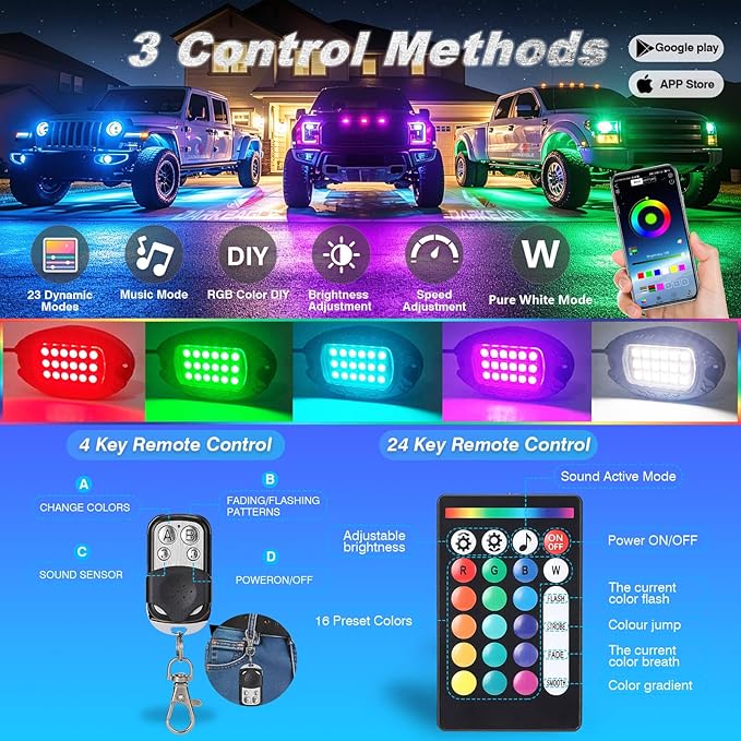 20Pods Heavy Duty Aluminum RGBW LED Rock Lights Kit for Trucks Pickup Dually Truck Off-Road, APP/RF Remote, Plug and Play&Pre Wired, IP67 Waterproof Multicolor Dual Zone 12V Underglow Accent Lights