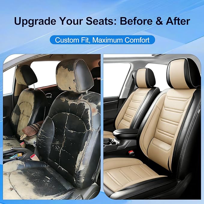 Fit HR-V Car Seat Covers for Honda HRV 2016-2025 2026 LX/EX/EXL/Sport - Full Coverage Leather, Airbag Compatible, Breathable Waterproof All Weather Seat Protector, Front Pair Black+Beige