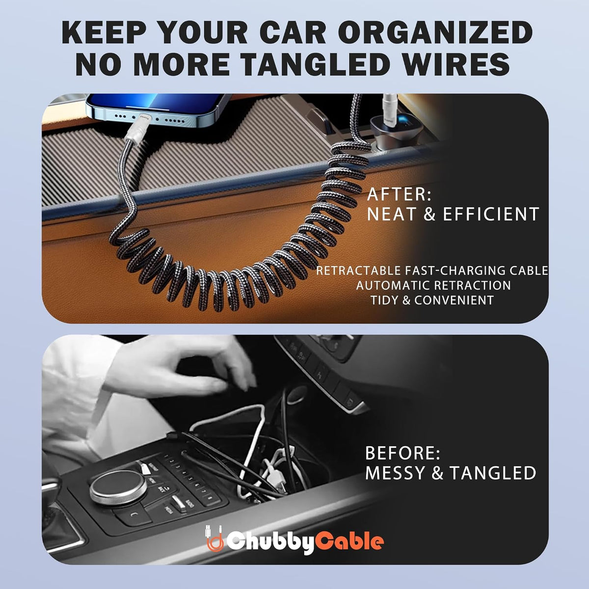 chubbycable Curly Chubby - Retractable Fast Charging Cable 240W Coiled Charger Cord for Car Durable USB-C Cable for Phones, Tablets and More, Gray, USB-A to Type-C, 1.3FT-2.3FT