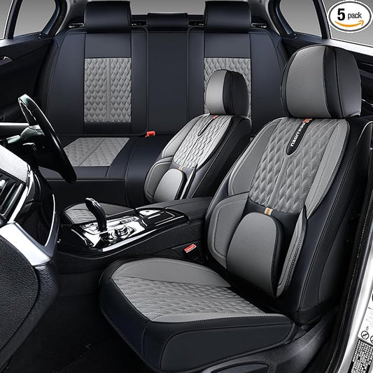 Car Seat Cover Set, Black and Gray, Automotive Interior Accessories, with Lumbar Support, Premium Nappa Leather, Waterproof, Protects and Upgrades Your Car Interior, Fits Most Vehicles