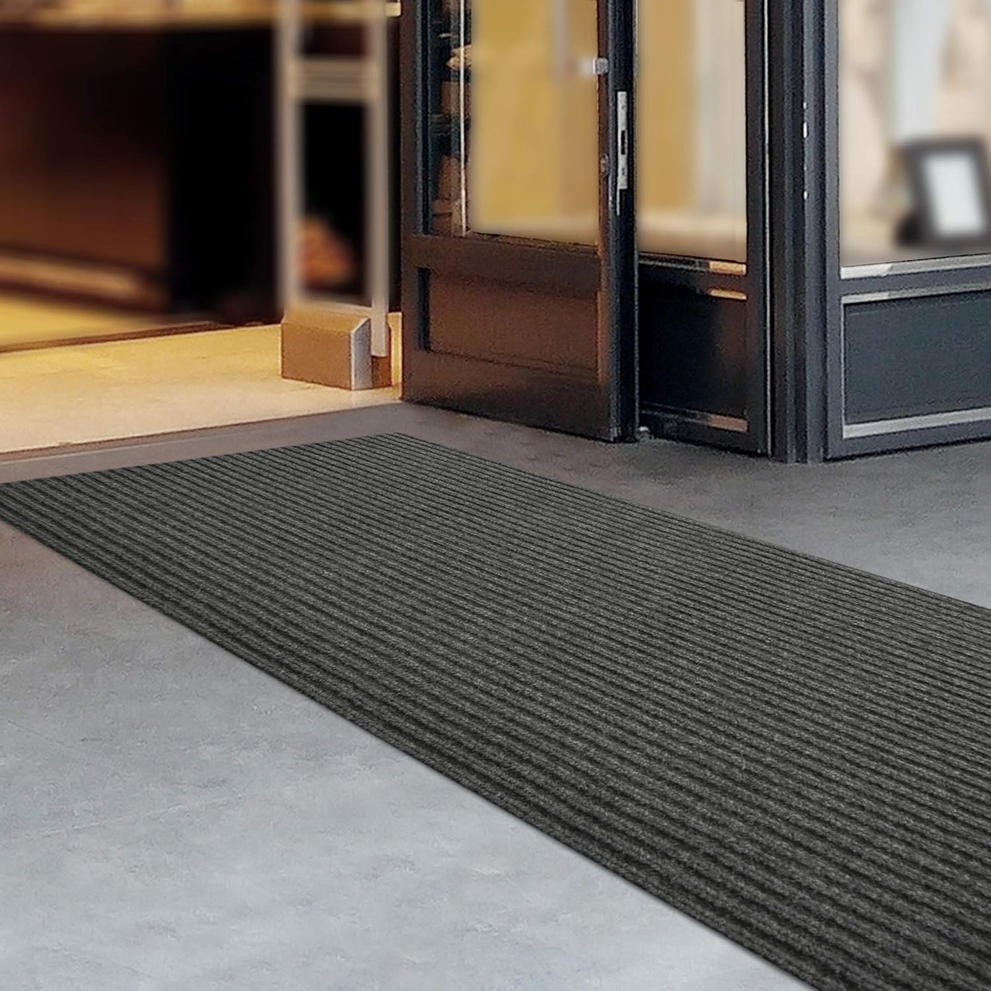 iCustomRug Spartan Weather Warrior Indoor/Outdoor Utility Ribbed Carpet Runner with Non-Slip Thermoplastic Rubber Backing, 3ft X 48ft in Charcoal