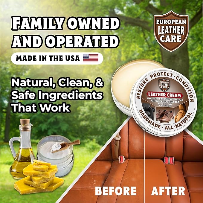 European Leather Care 8 oz Cream Leather Cleaner and Conditioner All Natural Leather Boots Leather Maintenance Cream Leather Conditioner Shoe Polish, Leather Couch, Furniture, Purses, Car, Saddle USA