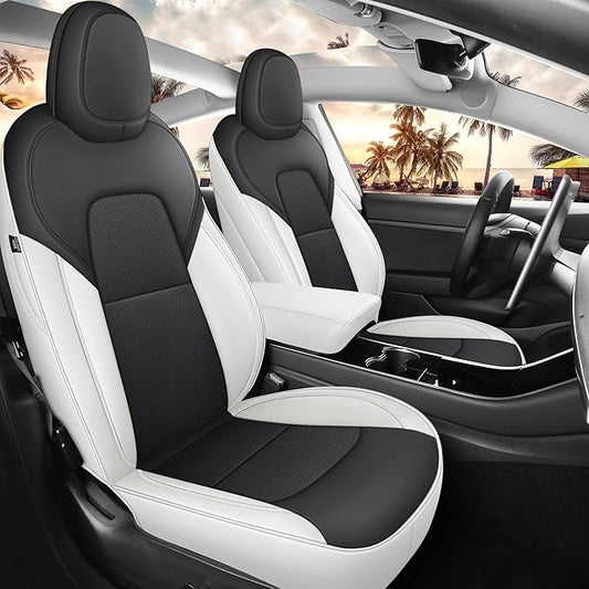 Car Seat Cover for Tesla Mdel 3 2017-2023 Custom Fit Tesla Seat Cover Full Set Leather Car Interior Seat Airbag Compatible Cushion Cover (White+Black-Model 3)