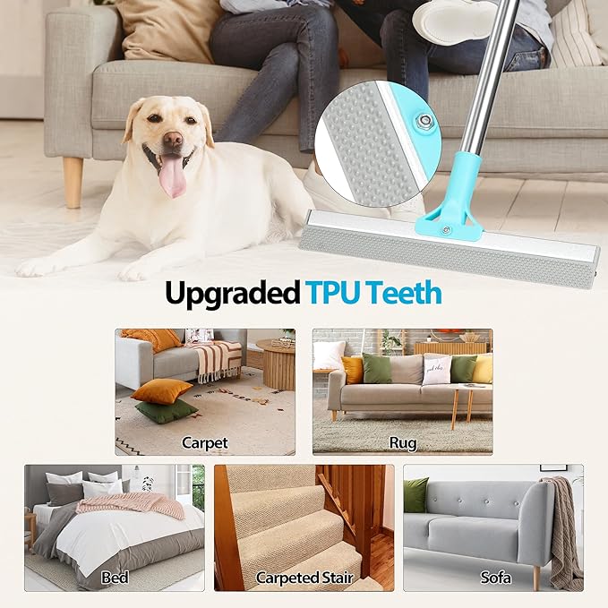Carpet Rake for Pet Hair Removal Tool, 2 in 1 TPU and Copper Rake Teeth, Uproot Clean Hair Remover with 54’’ Adjustable Long Handle, Reusable Cat & Dog Fur Broom for Carpets,Rugs, Mats,Car