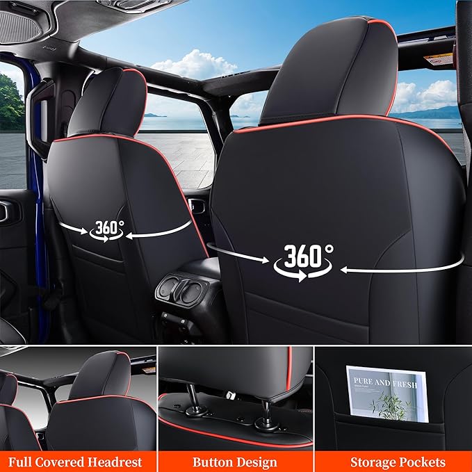 Coverado Seat Covers Full Set for Jeep Wrangler, Waterproof Car Seat Covers for Automotive Truck Seat Covers Custom Fit for 2008-2012 Jeep Wrangler JK Seat Covers for Cars 2 Door(Red Line)
