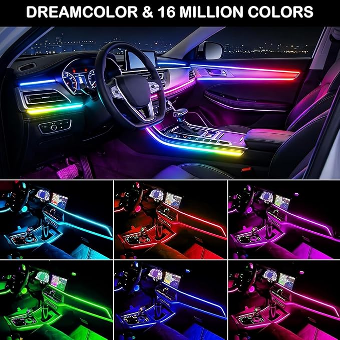 Acrylic Interior Car LED Strip Light with APP Remote Control,43.3in RGB Dreamcolor Acrylic Neon Flexible Strip Fiber Optic LED Ambient Lighting Kits,RGB Music Lights Sync for Inside car Decorations