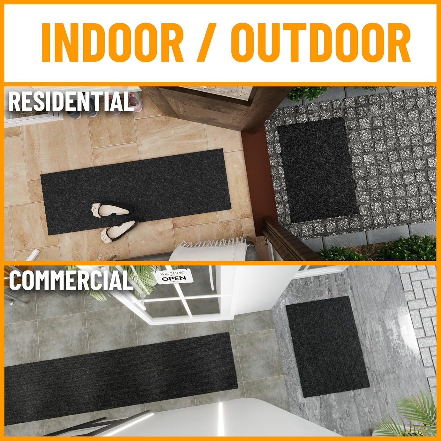Ottomanson 2' x 30' Hallway Runner with Scraper Pile Extra Durable Non-Slip Rug Mat for Indoor & Outdoor Use - Ideal for Kitchen, Entryway, Patio & Garage - High-Traffic Carpet, Black