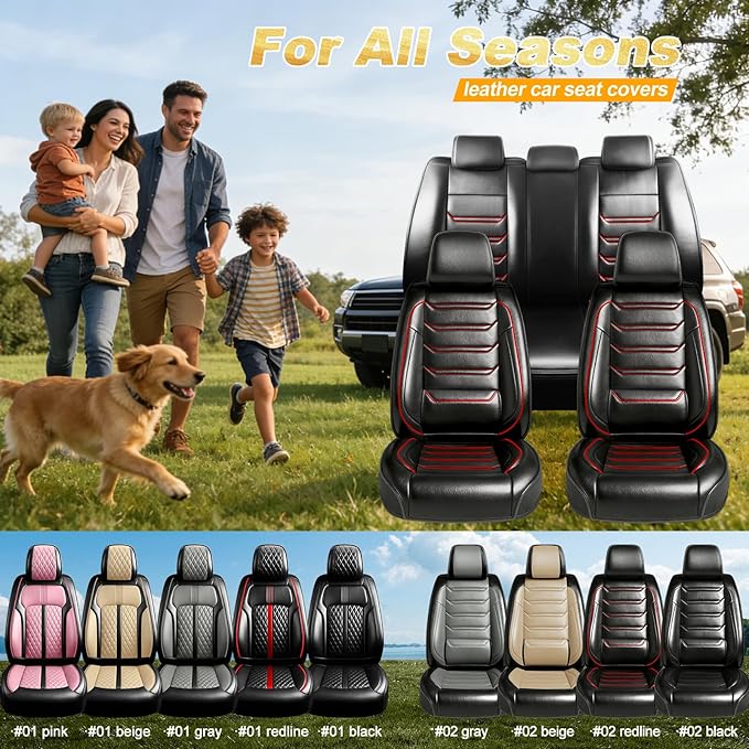 Fit Prologue Car Seat Covers for Select Honda Prologue 2024-2026 - Premium Full Coverage Leather, Airbag Compatible, Waterproof & All Weather Seat Cushion Protector, Full Set, Red Trim