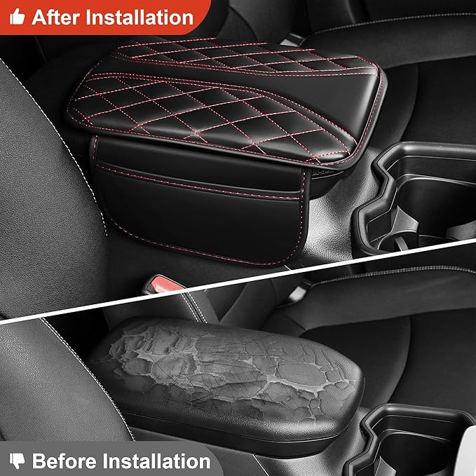 Center Console Cover Fit for Kia Sportage 2005-2025 with 2 Storage Bags Waterproof Leather Quilted Pattern Car Armrest Cover Cushion Anti - Slip(002#Black&Red Line)