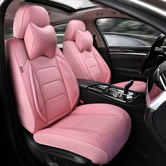 Pink Car Seat Covers Front Pair, Breathable Leather Automotive Front Seat Covers & Headrest for Comfortable Driving, Universal Auto Interior Fit for Most Kinds of Vehicles