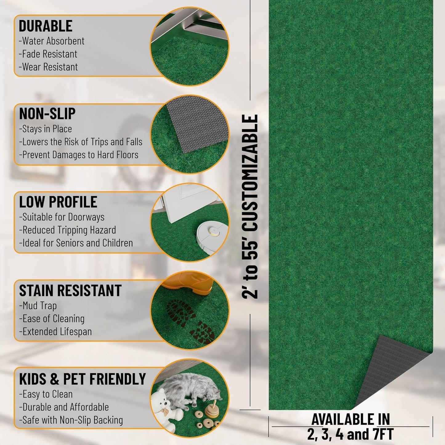Ottomanson 2' x 16' Hallway Runner with Scraper Pile Extra Durable Non-Slip Rug Mat for Indoor & Outdoor Use - Ideal for Kitchen, Entryway, Patio & Garage - High-Traffic Carpet, Green