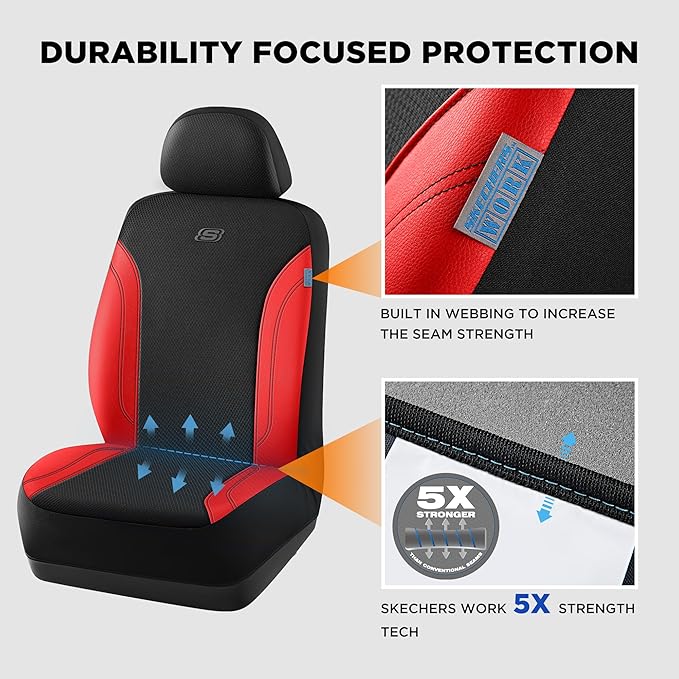 Skechers Car Seat Covers, Work Leather Seat Covers 5-Times Stronger Built-in Webbing, Oxford Fabric Seat Cover Full Sets, Airbag Compatible, Automotive Comfort for Cars, Trucks, SUVs,Red