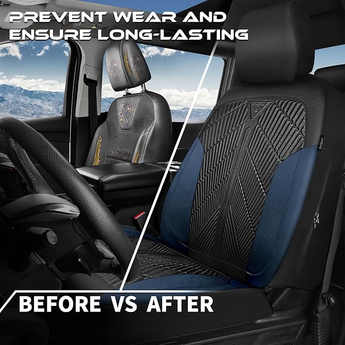 CAR PASS Waterproof Black Blue Car Seat Covers Front Seat Covers Neoprene Wetsuit,All-Weather Non-Slip Durable,Universal Fit for SUV Trucks Automotive,Armrest Airbag Compatible,Emboss Black Blue