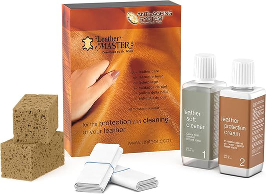 Leather Master Leather Care Kit | Leather Cleaner and Conditioner Kit | Cleans & Restores Car Seats, Furniture, Purses, Jackets | Includes Leather Cleaner, Leather Conditioner, Sponge & Wipes
