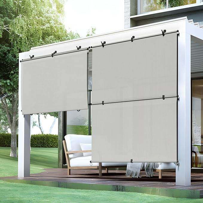 Bynbbur 6'W x 5'H Outdoor Patio Shades Foldable Roller Blinds, 220 GSM Sun Shade Roll Up Porch Screens Exterior Shade Cloth for Deck Pergola Backyard, Light Gray