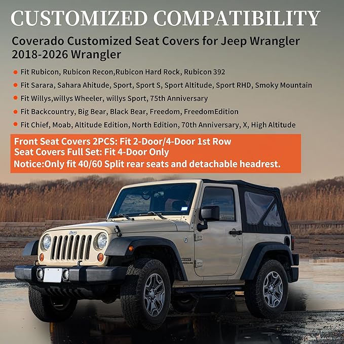 Coverado Seat Covers for Wrangler, Waterproof Leather Car Front Seat Covers, Full Coverage Seat Cushion Covers Protector Custom Fit for Jeep Wrangler JL Seat Covers 2-Door/4-Door 2018-2024 (Red)