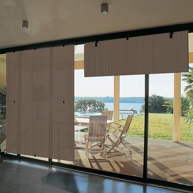 Bynbbur 7'W x 12'H Outdoor Patio Shades Foldable Roller Blinds, 220 GSM Sun Shade Roll Up Porch Screens Exterior Shade Cloth for Deck Pergola Backyard, Brown
