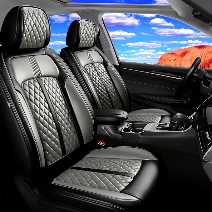 Fit Tahoe Car Seat Covers for Select Chevrolet/Chevy Tahoe 2000-2025 2026 - Full Coverage Leather, Waterproof & All Weather Seat Cushion Protector, Black+Gray