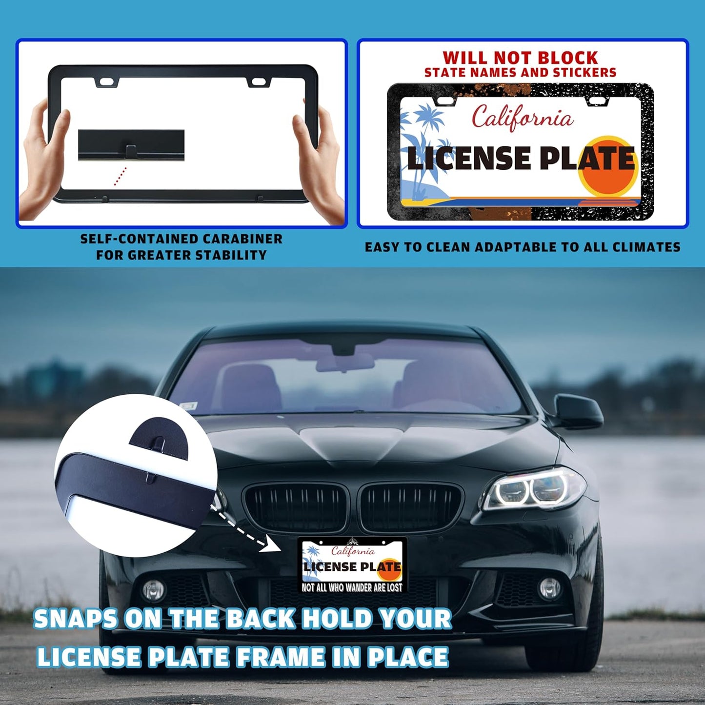 Not All Who Wander are Lost License Plate Frame Mountain Compass Stainless Steel License Plate Holder for Front or Rear Car Tags Funny for Car Decoration with Screws 6.3 X 12.2 in for Women Men