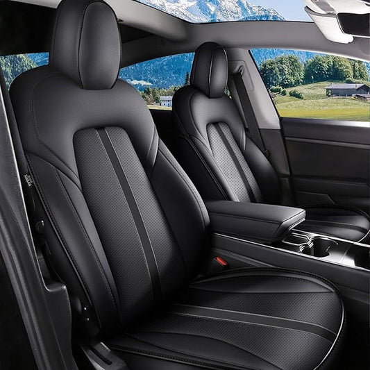 AOMSAZTO Car Seat Cover Fit for Tesla Model Y 2020 2024 - Half Surrounded Customized Seat Covers(Black with Stripe)