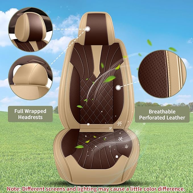 Breathable Car Seat Covers for Nissan Sentra 2008-2025 2026, Front Seats, Perforated Leather, Seat Protector, Interior Trim for Nissan Sentra Accessories (Beige&Brown)