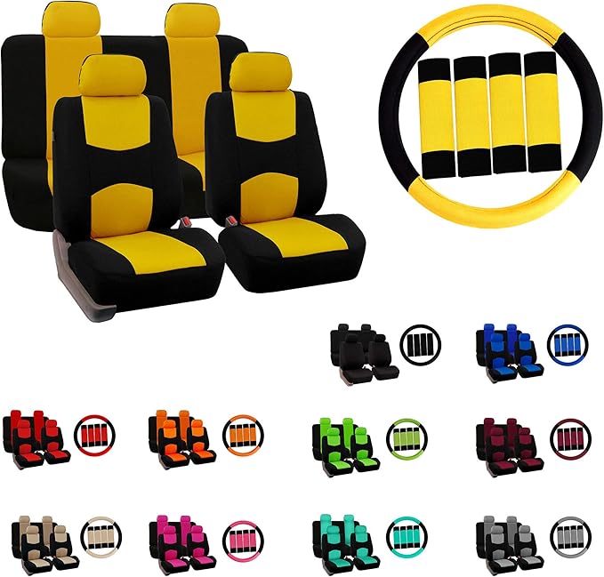 FH Group Car Seat Covers Flat Cloth Automotive Black Full Set, Rear Solid Bench Universal Fit Combo Steering Wheel Cover & Seat Belt Pads Car Seat Protector for Cars Trucks SUV Interior Accessories