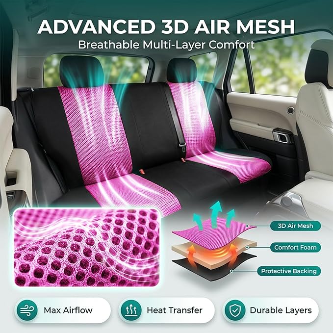 FH Group Automotive Full Car Seat Covers for SUV, Trucks, Sedan and More - Universal Fit Front High Back & Rear Solid Bench Design Interior Accessories - 3D Air Mesh Fabric Center Panel - Pink