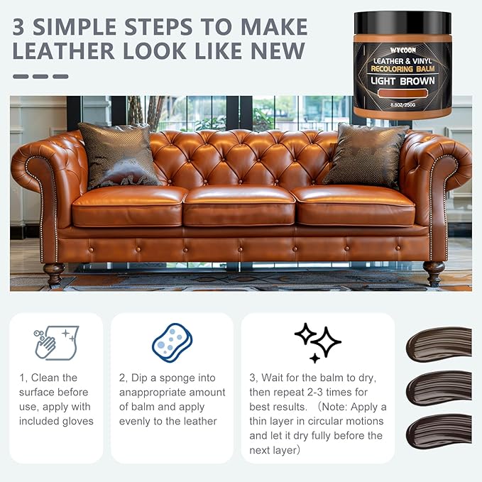Leather Recoloring Balm & Color Restorer | Medium Brown Leather Dye, Paint & Repair Kit for Furniture, Couches, Car Seats, Shoes | Restore Faded & Scratched Surfaces